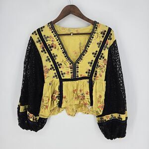 Free People Boogie All Night Yellow Lace Arm Blouse XS